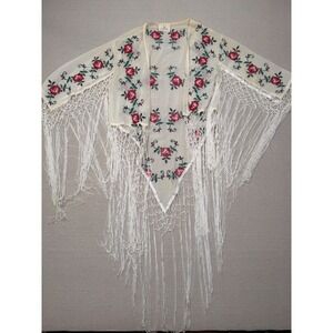 Pins and Needles Urban Outfitters Rose Embroidered Fringe Kimono Wrap Cream XS/S
